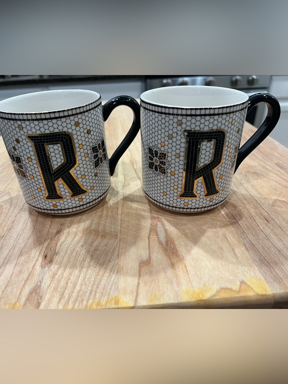 Anthropologie Black and Gold 'R' Monogram Ceramic Mugs (Set of 2)